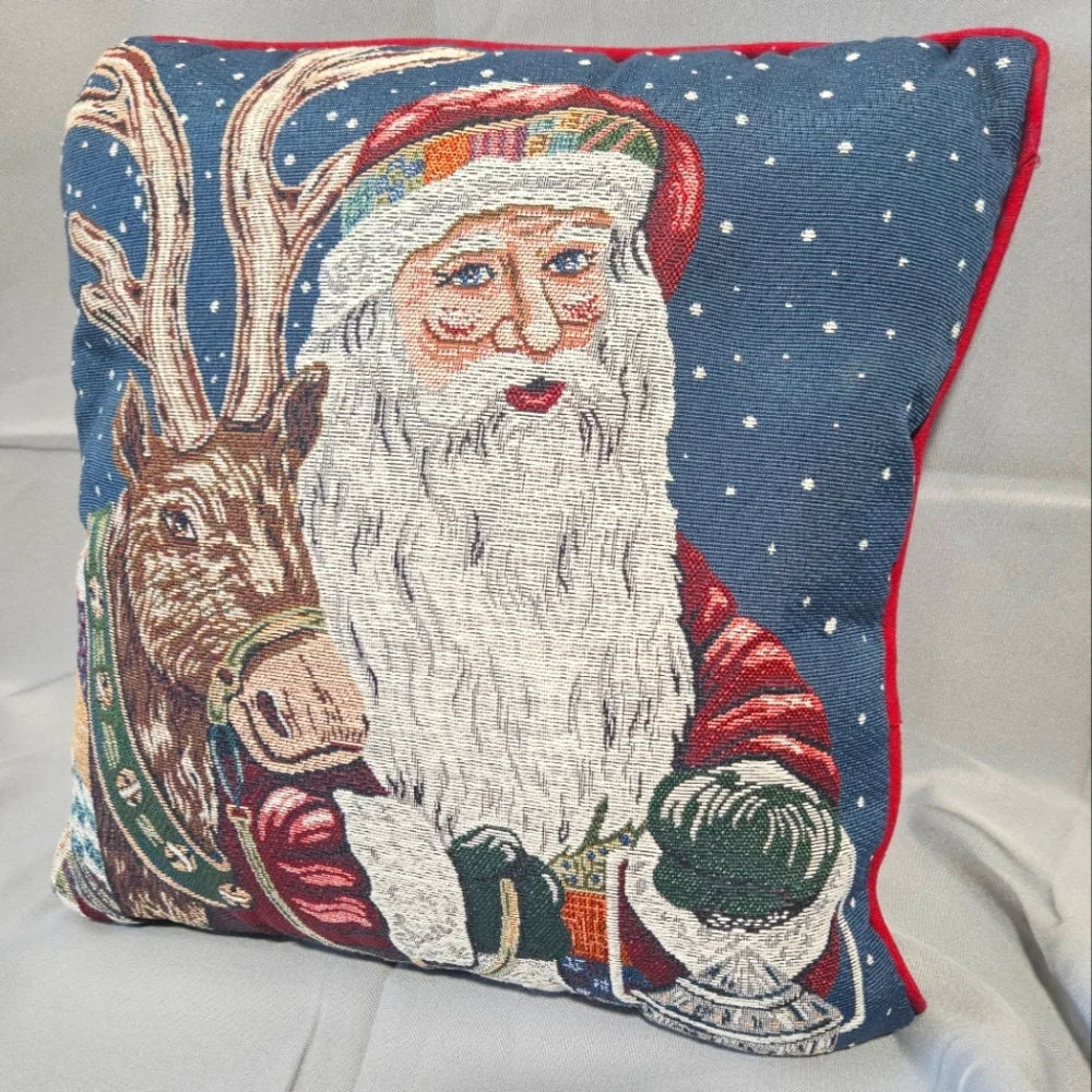 Riverdale Vintage Christmas Santa Reindeer Needlepoint Pillow 16X16 Red Green